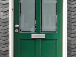 Holz-Haustür in grün mit Milchglas-Einsätzen